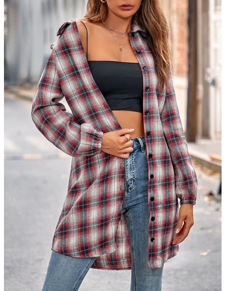 Plaid Loose Wrap Lapel Blouses&shirts Tops