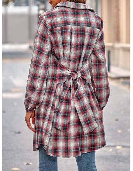 Plaid Loose Wrap Lapel Blouses&shirts Tops