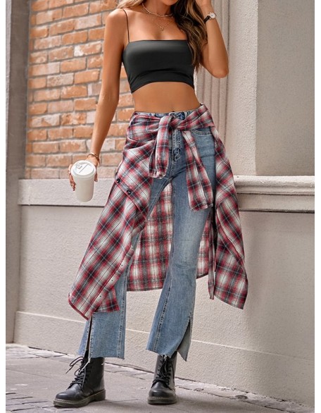 Plaid Loose Wrap Lapel Blouses&shirts Tops