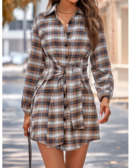 Plaid Loose Wrap Lapel Blouses&shirts Tops