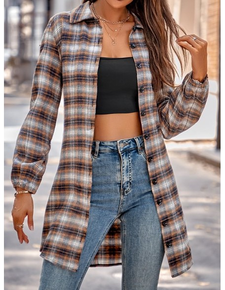 Plaid Loose Wrap Lapel Blouses&shirts Tops