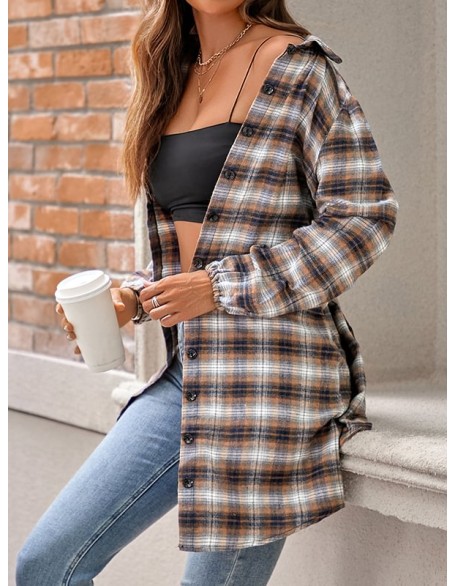 Plaid Loose Wrap Lapel Blouses&shirts Tops