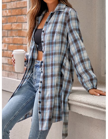 Plaid Loose Wrap Lapel Blouses&shirts Tops