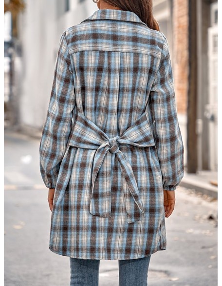 Plaid Loose Wrap Lapel Blouses&shirts Tops