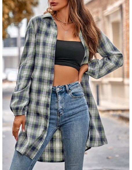 Plaid Loose Wrap Lapel Blouses&shirts Tops