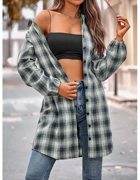 Plaid Loose Wrap Lapel Blouses&shirts Tops