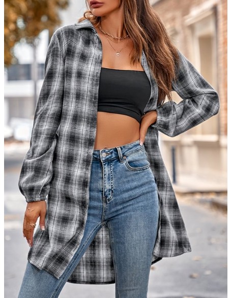 Plaid Loose Wrap Lapel Blouses&shirts Tops