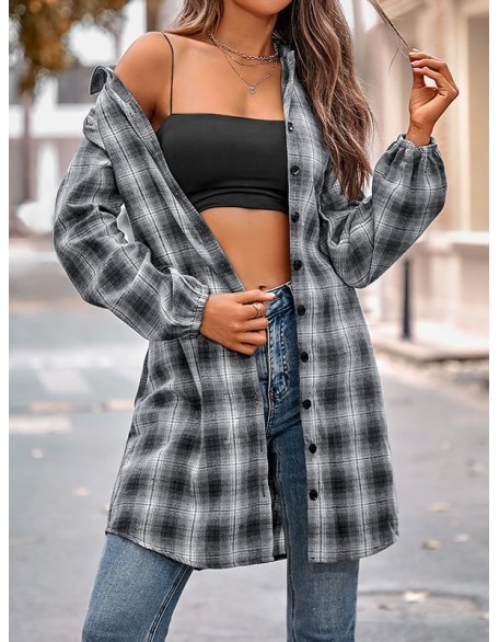 Plaid Loose Wrap Lapel Blouses&shirts Tops