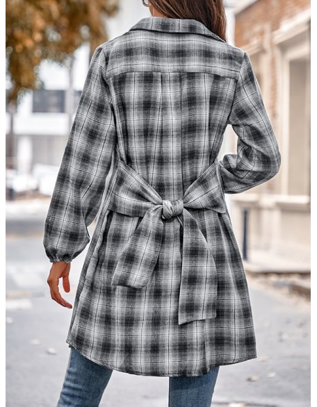 Plaid Loose Wrap Lapel Blouses&shirts Tops