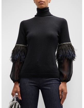 Feathers Solid Color Split-Joint Loose Wrap High-Neck T-Shirts Tops