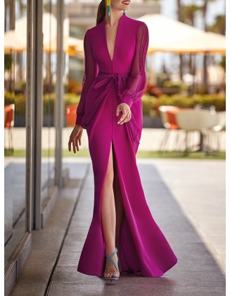 Skinny Wrap Bandage Solid Color Split-Front Zipper V-Neck Maxi Evening Dresses