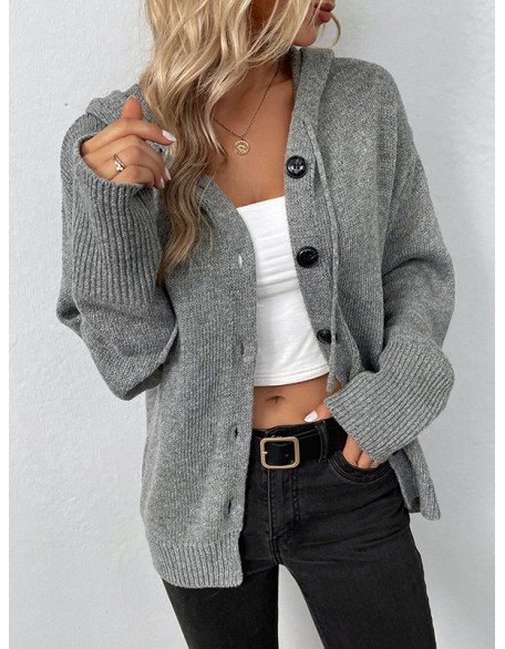 Buttoned Hooded Solid Color Wrap Cardigan