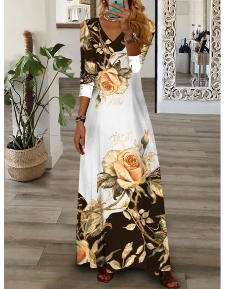 Contrast Color Flower Print Loose Wrap V-Neck Maxi Dresses