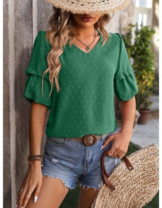 Jacquard Solid Color Puff Sleeves Wrap V-Neck T-Shirts Tops