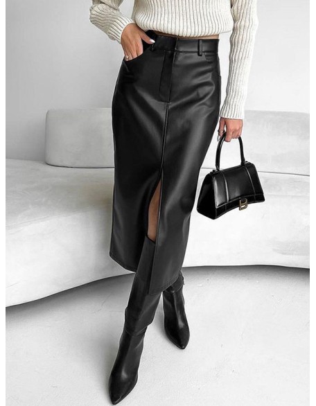 Pockets Solid Color Split-Front Zipper Skinny Wrap Skirts Bottoms