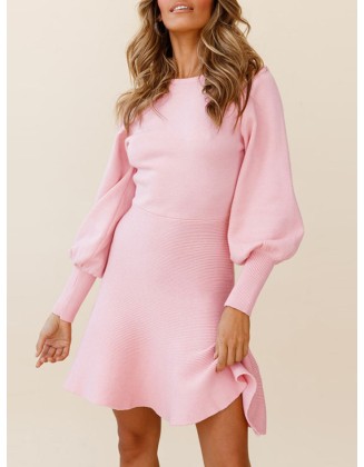 Solid Color Puff Sleeves Wrap Round-Neck Sweater Dress