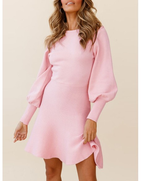 Solid Color Puff Sleeves Wrap Round-Neck Sweater Dress