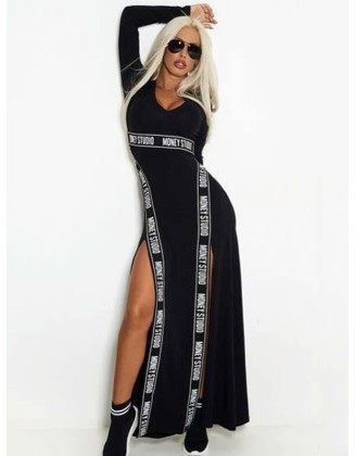 Split-Side Letter Printed Wrap Long Sleeves Maxi Dresses