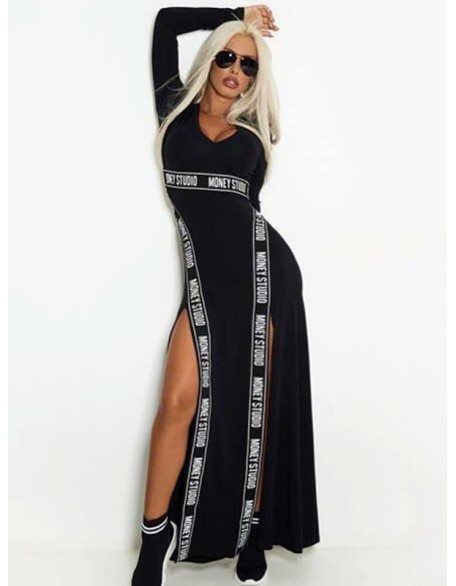 Split-Side Letter Printed Wrap Long Sleeves Maxi Dresses