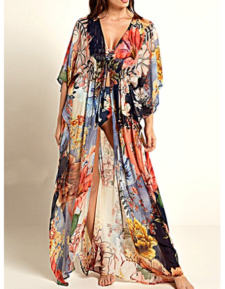 Floral Chiffon Half Sleeve Loose Long Cardigan Cover-Up Swimwear