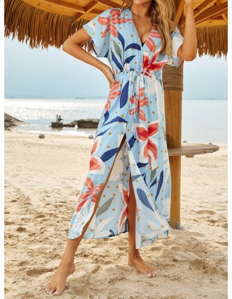 Short Sleeve V-Neck Midi Dress Cover-Up Swimwear