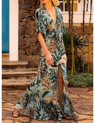 Floral-Print Half Sleeve Knotted Maxi Dress