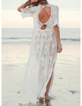 Short Sleeve Split-Side Backless Lace Cover-Up Swimwear