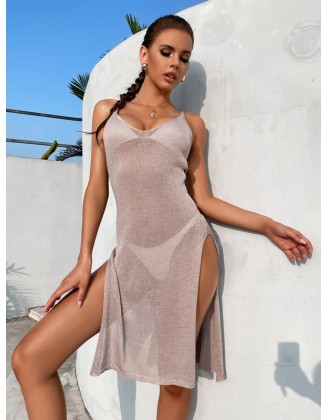 Spaghetti-Neck Hollow Split-Side See-Through Backless Cover-Up Swimwear