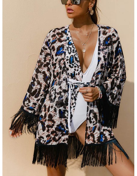 Leopard Printed Tasseled Loose Cover-Up Top