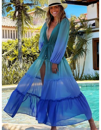 Long Sleeves Loose Bandage Color-Block Deep V-Neck Cover-Ups Swimwear