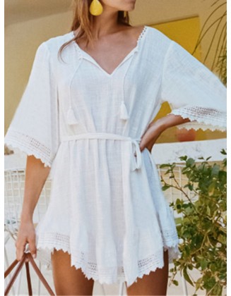 Irregular Clipping Lace-Up Half Sleeves Cover-Ups Tops