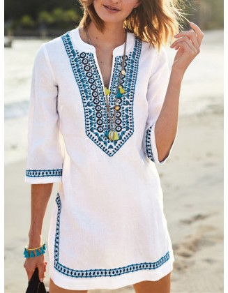 Embroidered Half Sleeves Cover-Ups Tops