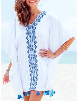 Printed Batwing Sleeves Tasseled Cover-up