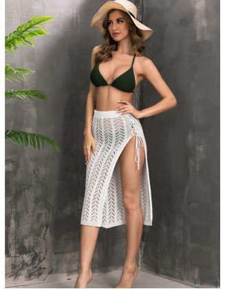 Knitted Solid Color Hollow See-Through Split-Side Cover-Up Swimwear