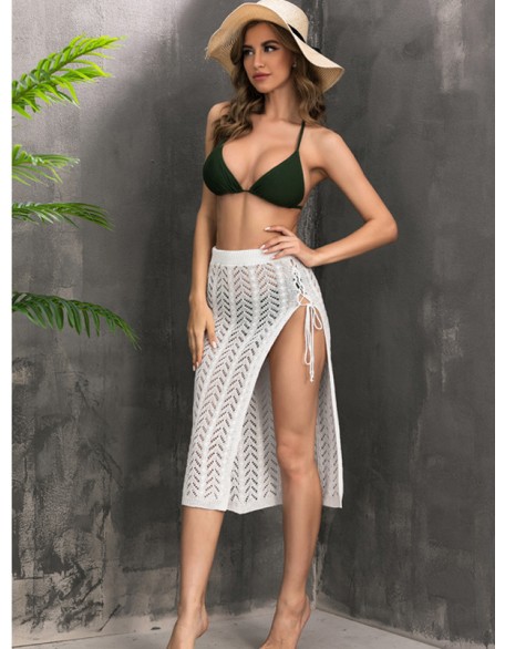 Knitted Solid Color Hollow See-Through Split-Side Cover-Up Swimwear