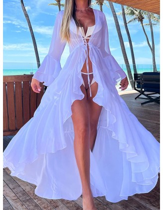 Flared Sleeves High-Low Bandage See-Through Solid Color Deep V-Neck Cover-Ups Swimwear