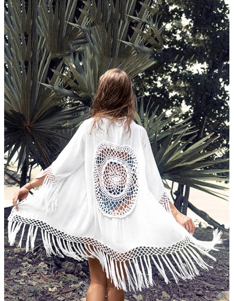 Solid Color Loose Hollow Tasseled Cardigan Cover-Up Swimwear