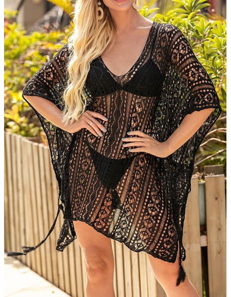 Lace Hollow Bat Sleeves Poncho Cover-Ups Tops