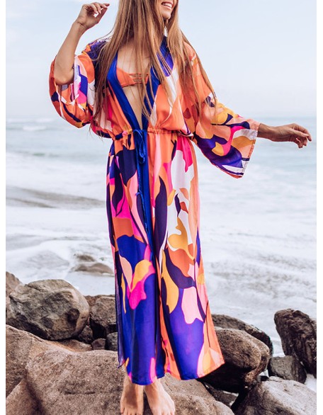 Floral-Print Long Sleeved Tunicshang Cover-Ups Tops