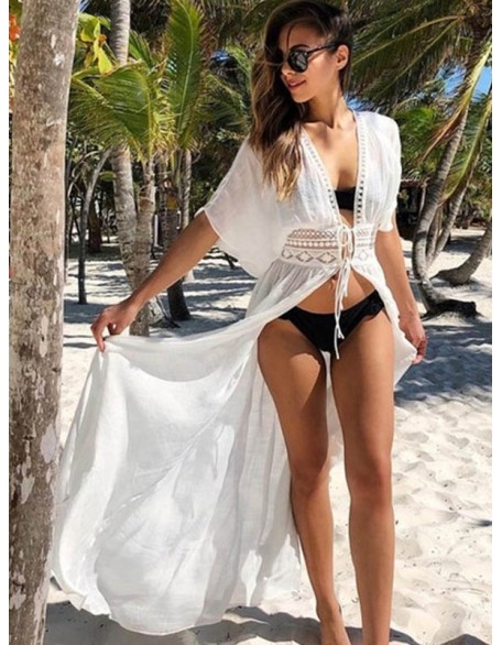 Deep V-Neck Solid Color Empire Bandage Lace-Up Cover-Up Swimwear