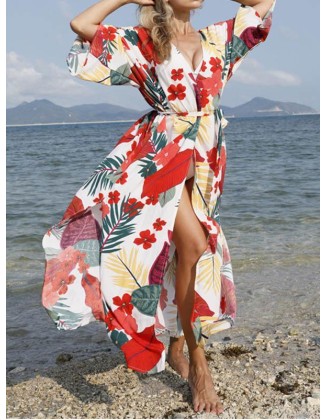 Floral-Print Belted Long Sleeve Tunicshang Cover-Ups