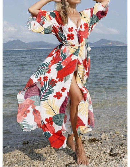 Floral-Print Belted Long Sleeve Tunicshang Cover-Ups