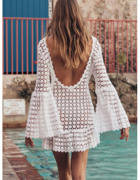 Lace Hollow Flared Sleeve Backless Mini Dress