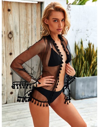 Chiffon Mesh Split-Joint Tasseled See-Through Cover-Up Swimwear