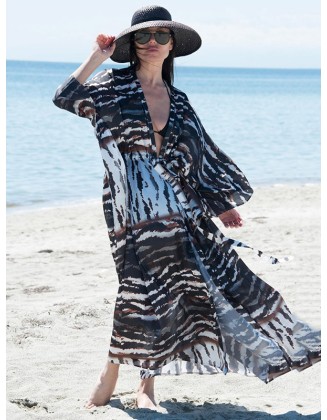 Long Sleeves Floral Printed Chiffon Cardigan Cover-Up Swimwear