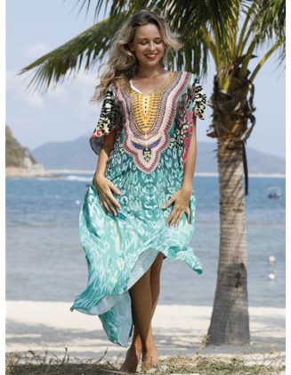 Half Sleeve V-Neck Floral Printed Split-Side Cover-Up Swimwear