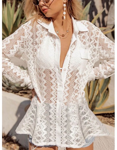 See-Through Lace Split-Joint Long Sleeved Shirt Cover-Ups Tops