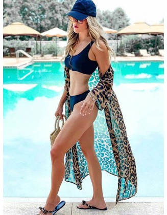 Chiffon Long Sleeve Leopard Long Sleeve Cardigan Cover-Up Swimwear