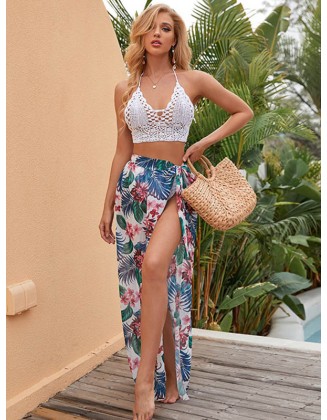 Sexy Floral Print Split-Side Bandage Beach Cover-Up Swimwear