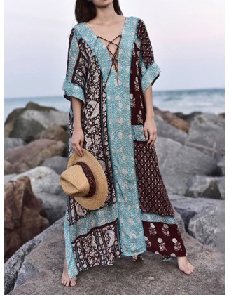 Ethnic Printed Flared Sleeves Cover-Ups Tops